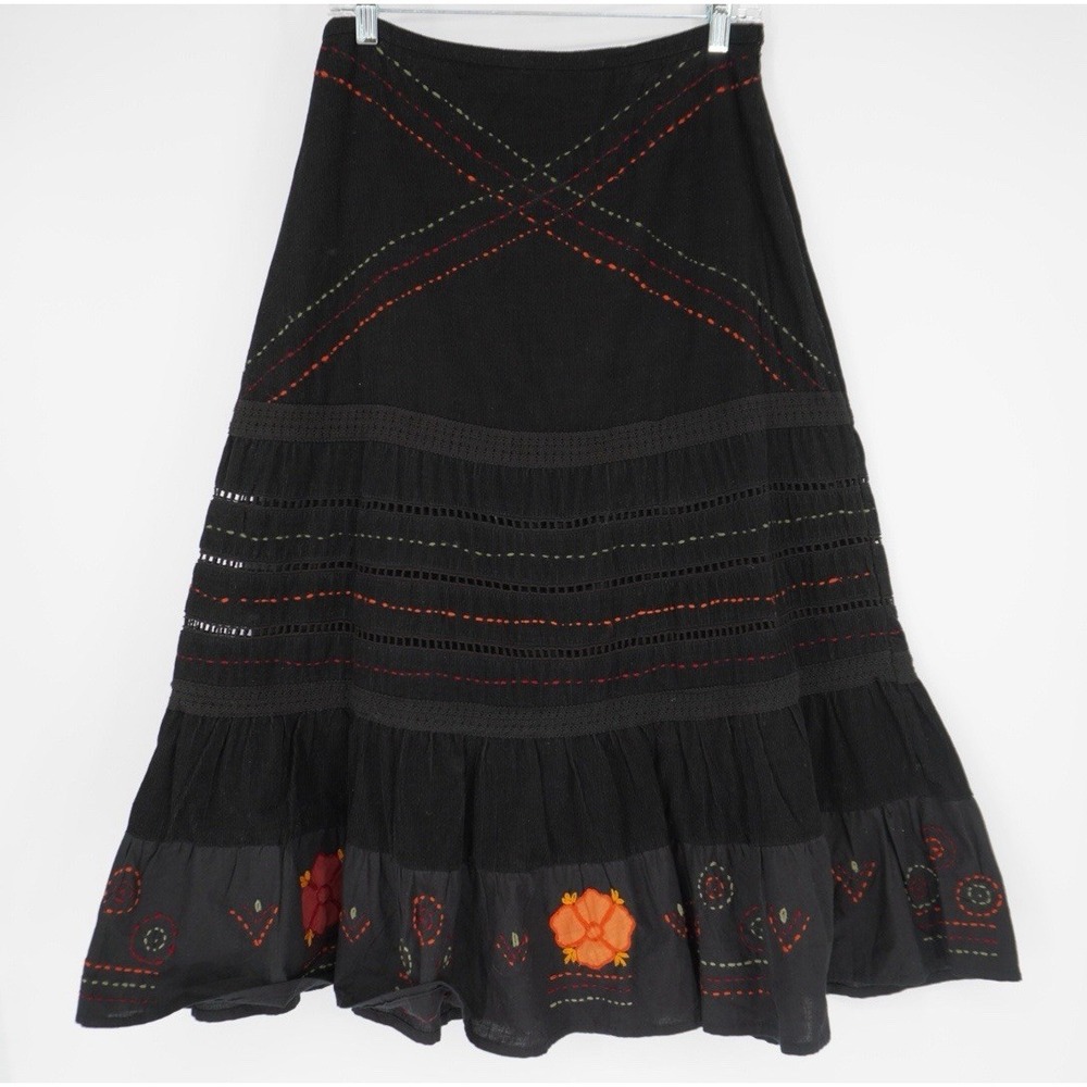 Mix Nouveau Black Corduroy A-Line Skirt Embroidered Boho Feminine Midi Tiered M